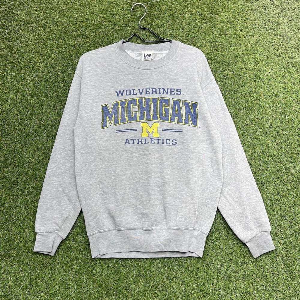 Michigan Wolverines Sweatshirt Mens Medium Gray Crewneck Heavyweight Lee Sport
